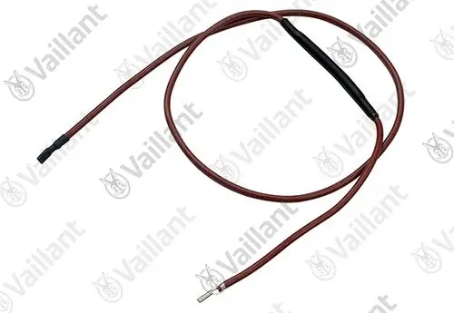 Vaillant Zündkabel mit zwei Leitungen, eine mit Kunststoffschutz, am Ende mit metallem Anschluss. Flexible, rote Kabelisolierung.